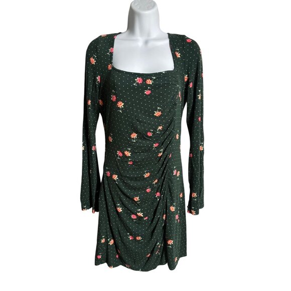Free People Green Floral Long-Sleeve Mini Dress Ruched Front Keyhole Back  Small - Picture 1 of 12
